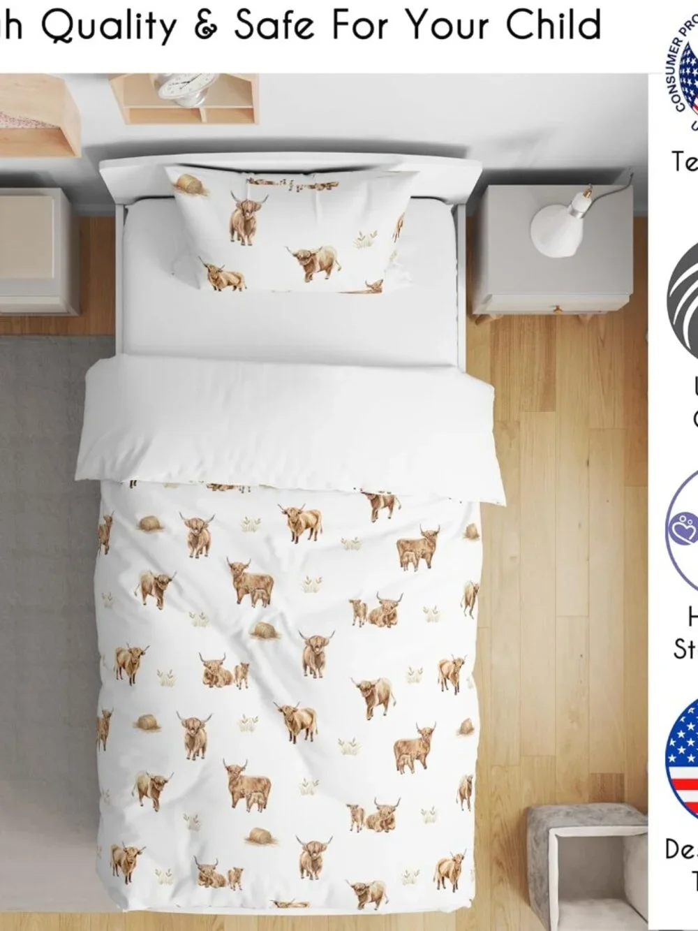 5-Piece Toddler Bedding Set Boho Highland Cow for Girls/Boys, Kids incl. Bed in